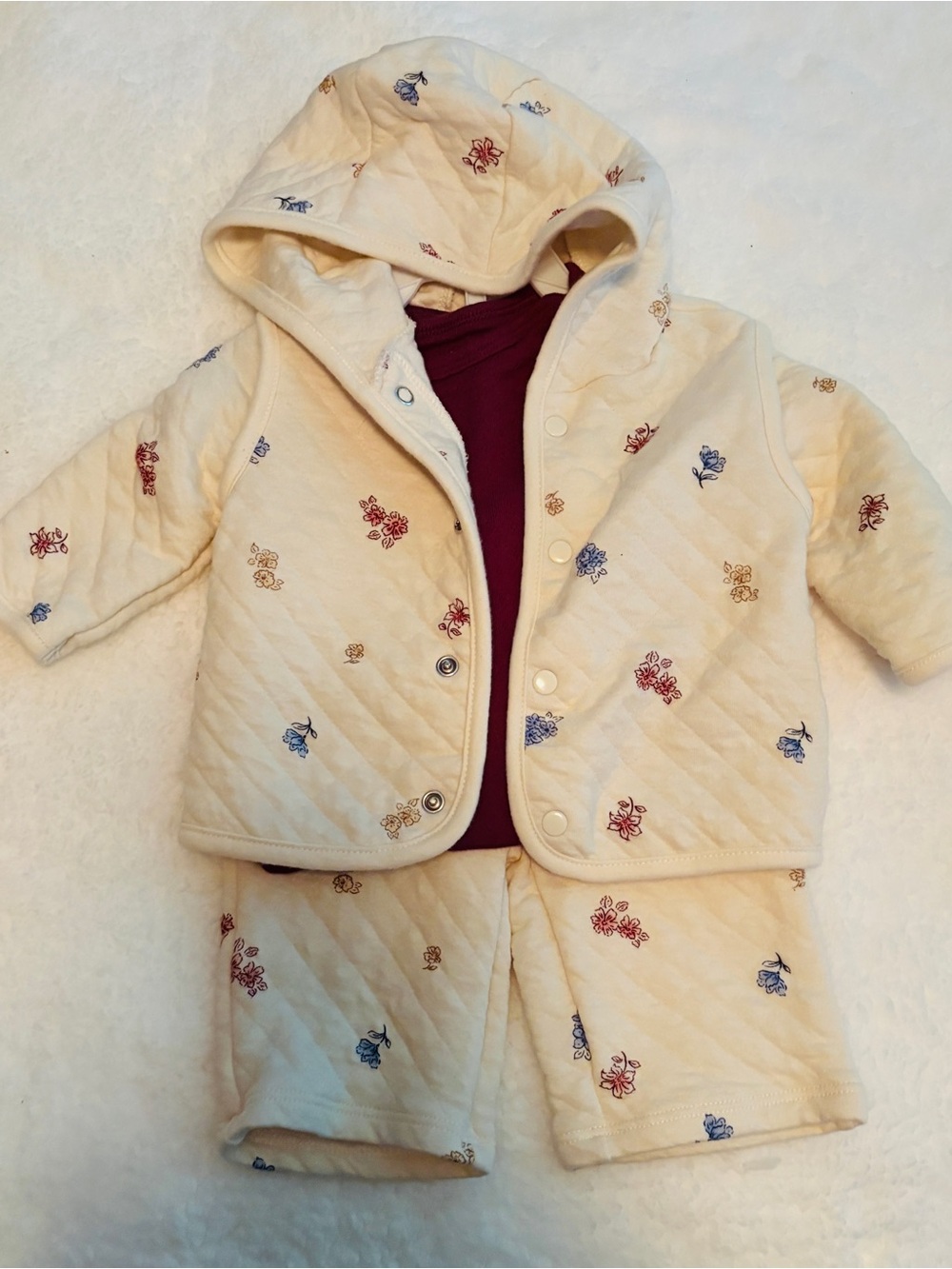 Carter's Cream Quilted Hooded Pajama Set with Red and Blue Floral Accents